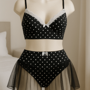 النوع: طقم لانجيري (Bra + Panty + Skirt Overlay) الستايل: أنثوي، جذاب، بطابع كلاسيكي منقط (Polka Dots) اللون: أسود مزين بنقط بيضاء تفاصيل إضافية: حمالة صدر ببطانة (كَب) وبدعم حديدي دانتيل أبيض من الأعلى + فيونكة صغيرة وسط الصدر تنورة قصيرة شفافة (تُل Overlay) فوق الشورت فيونكة صغيرة في خصر الشورت خصر عالي لإخفاء البطن