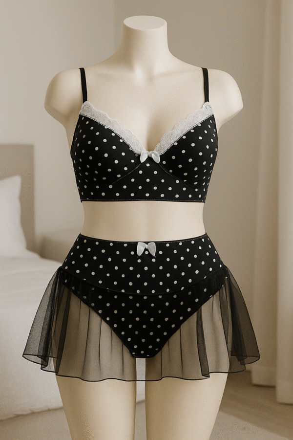 النوع: طقم لانجيري (Bra + Panty + Skirt Overlay) الستايل: أنثوي، جذاب، بطابع كلاسيكي منقط (Polka Dots) اللون: أسود مزين بنقط بيضاء تفاصيل إضافية: حمالة صدر ببطانة (كَب) وبدعم حديدي دانتيل أبيض من الأعلى + فيونكة صغيرة وسط الصدر تنورة قصيرة شفافة (تُل Overlay) فوق الشورت فيونكة صغيرة في خصر الشورت خصر عالي لإخفاء البطن