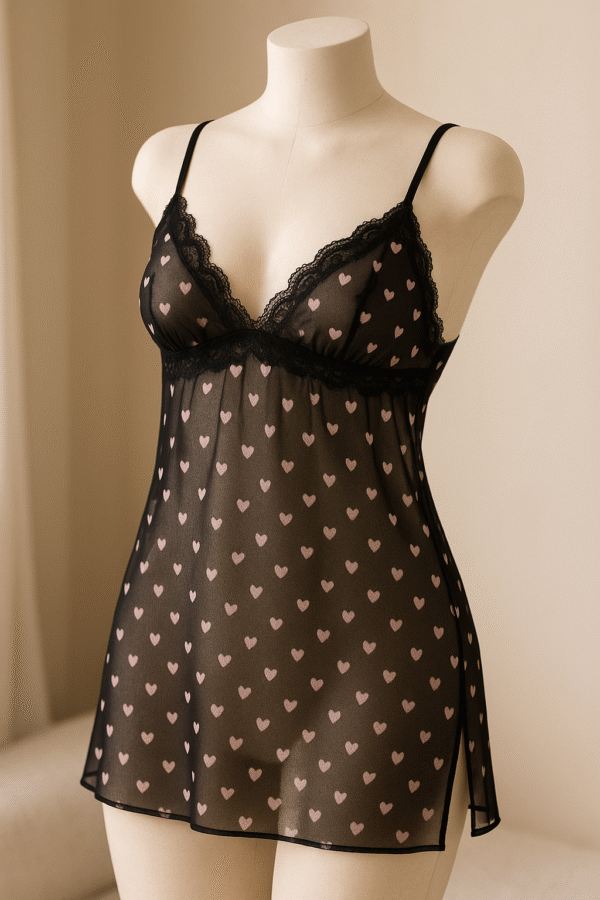 النوع: قميص نوم لانجيري (Babydoll) القماش: تول مستورد + ليكرا اللون الأساسي: أسود شفاف النقشة: قلوب صغيرة باللون الوردي والأبيض التفاصيل: حمالات رفيعة شريط دانتيل أسود على منطقة الصدر فتحة خفيفة جانبية (على الفخذ) قصة قصيرة فوق الركبة ستايل أنثوي جدًا وناعم