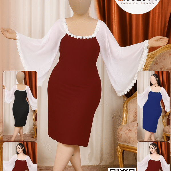 نوع المنتج: فستان منزلي أنيق (Home Dress / Lounge Dress) موديل: Cod 02  الستايل: قصة: فستان ضيق (Bodycon) بطول الركبة الأكمام: أكمام واسعة طويلة شفافة (شيفون أو أورجانزا) تنتهي بدانتيل أبيض أنيق الفتحة العلوية: مربعة مزينة بدانتيل أبيض ناعم على خط العنق 🎨 الألوان المتاحة (حسب الصورة): 🔴 أحمر ⚫ أسود 🔵 أزرق ملكي 🟣 بنفسجي 🍷 نبيتي 👗 الخامة: يبدو أنه مصنوع من قماش ليكرا مطاطي أو مزيج من البوليستر والليكرا الأكمام مصنوعة من شيفون شفاف أو تول ناعم الفستان يبدو مطاطي ومرن ليتناسب مع الجسم ويبرز القوام
