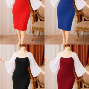 نوع المنتج: فستان منزلي أنيق (Home Dress / Lounge Dress) موديل: Cod 02  الستايل: قصة: فستان ضيق (Bodycon) بطول الركبة الأكمام: أكمام واسعة طويلة شفافة (شيفون أو أورجانزا) تنتهي بدانتيل أبيض أنيق الفتحة العلوية: مربعة مزينة بدانتيل أبيض ناعم على خط العنق 🎨 الألوان المتاحة (حسب الصورة): 🔴 أحمر ⚫ أسود 🔵 أزرق ملكي 🟣 بنفسجي 🍷 نبيتي 👗 الخامة: يبدو أنه مصنوع من قماش ليكرا مطاطي أو مزيج من البوليستر والليكرا الأكمام مصنوعة من شيفون شفاف أو تول ناعم الفستان يبدو مطاطي ومرن ليتناسب مع الجسم ويبرز القوام