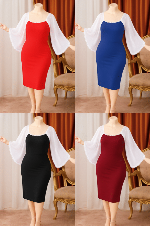 نوع المنتج: فستان منزلي أنيق (Home Dress / Lounge Dress) موديل: Cod 02  الستايل: قصة: فستان ضيق (Bodycon) بطول الركبة الأكمام: أكمام واسعة طويلة شفافة (شيفون أو أورجانزا) تنتهي بدانتيل أبيض أنيق الفتحة العلوية: مربعة مزينة بدانتيل أبيض ناعم على خط العنق 🎨 الألوان المتاحة (حسب الصورة): 🔴 أحمر ⚫ أسود 🔵 أزرق ملكي 🟣 بنفسجي 🍷 نبيتي 👗 الخامة: يبدو أنه مصنوع من قماش ليكرا مطاطي أو مزيج من البوليستر والليكرا الأكمام مصنوعة من شيفون شفاف أو تول ناعم الفستان يبدو مطاطي ومرن ليتناسب مع الجسم ويبرز القوام