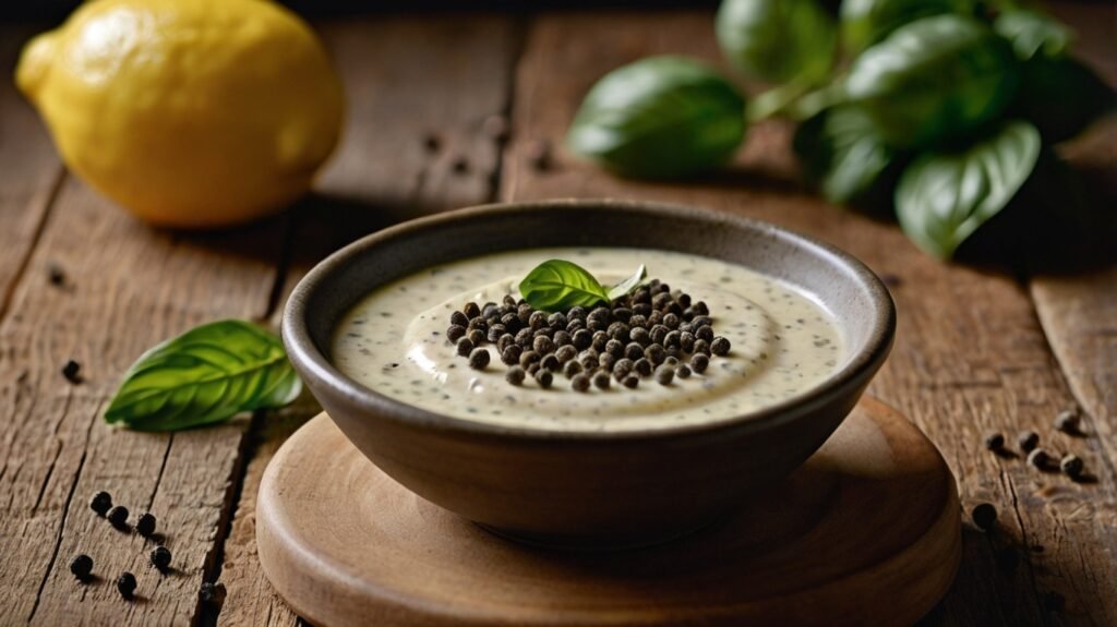 A smooth and creamy lemon pepper sauce in a small ceramic bowl, with a silky texture and a pale yellow color. Garnished with freshly ground black pepper and a twist of lemon zest on top. Placed on a rustic wooden surface, surrounded by fresh basil, lemon slices, and scattered peppercorns. Soft natural lighting, shallow depth of field, elegant and appetizing food photography.